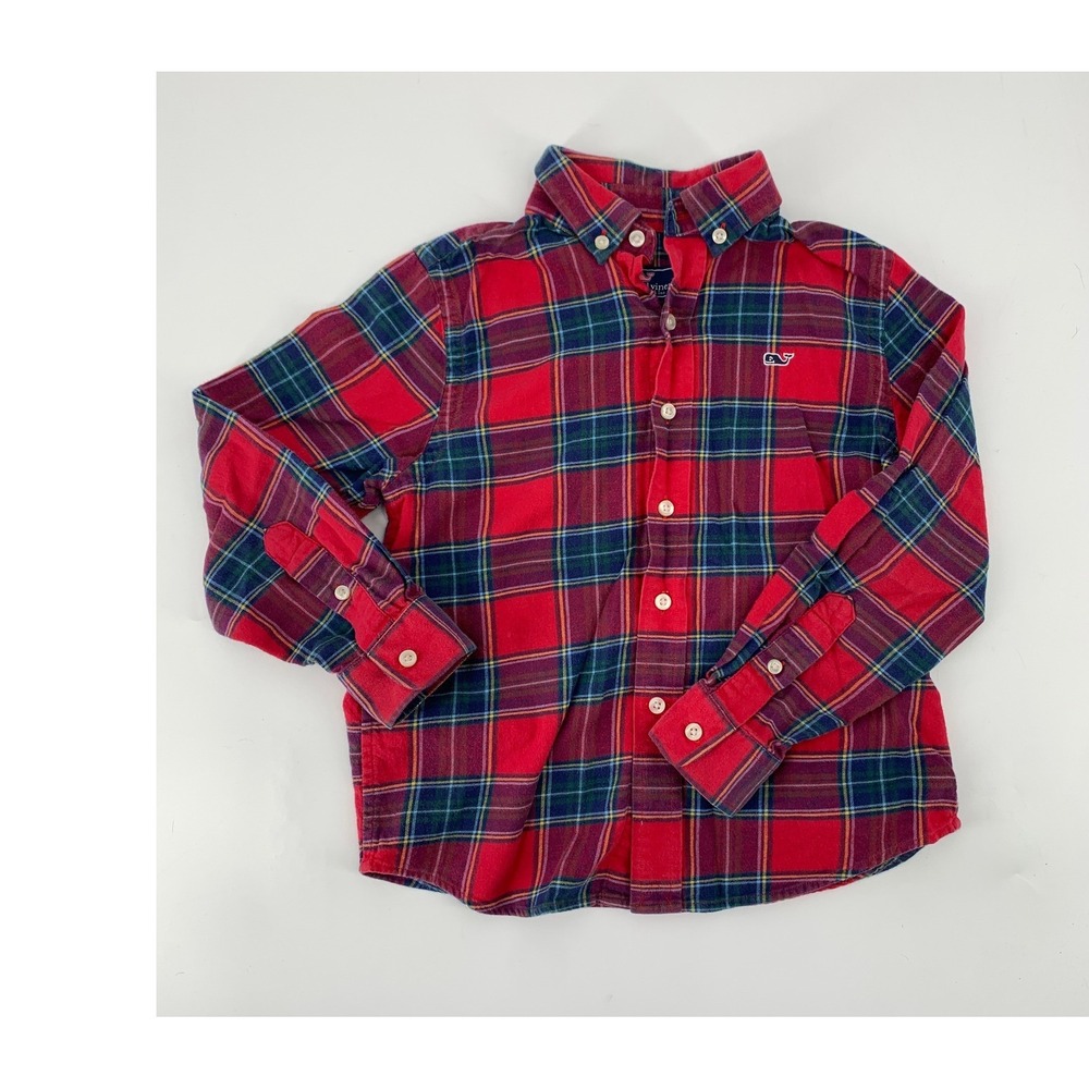 Vineyard Vines Flannel Shirt Boys 6 Red Blue Green Plaid Whale Shirt Holiday
